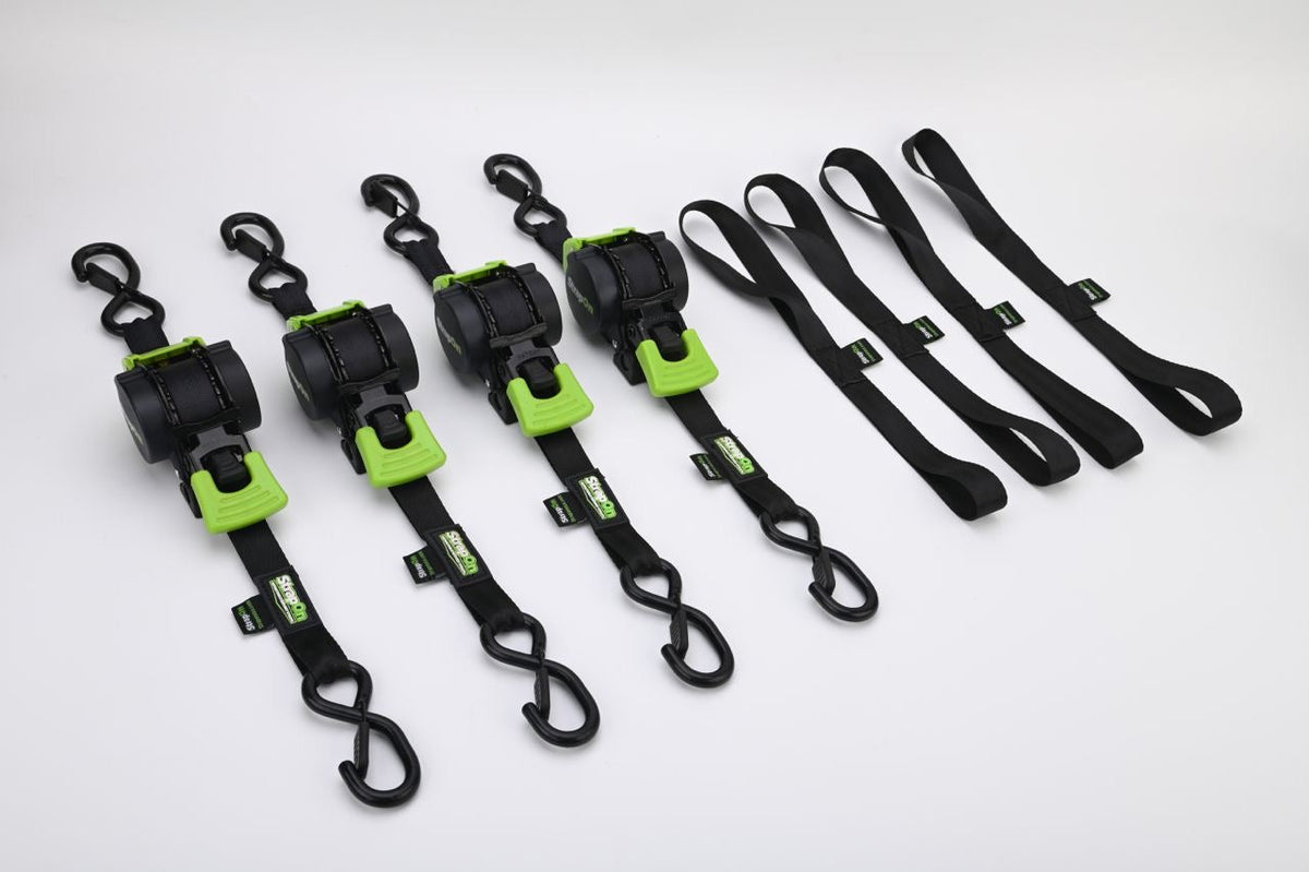 1" x 10' StrapOn Retractable Ratchet Straps | 4 Straps in a Bucket | Working Load Limit 600 lbs | Min Break Strength 1800 lbs