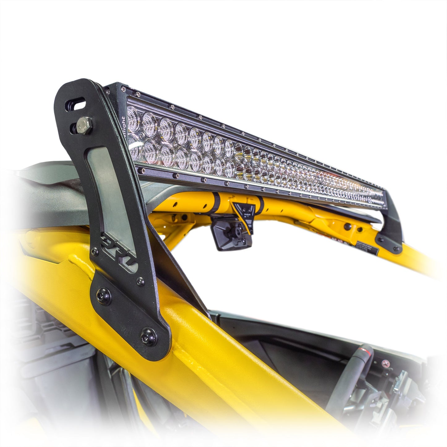 Bracket kit mounts to Maverick R cage tubes, supports heavy light bars, includes stainless hardware