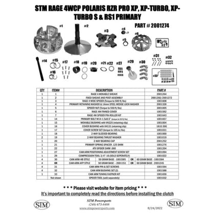 STM Rage 4WCP Polaris Pro XP, XP-Turbo, Turbo R, Turbo S and RS1 Primary Clutch