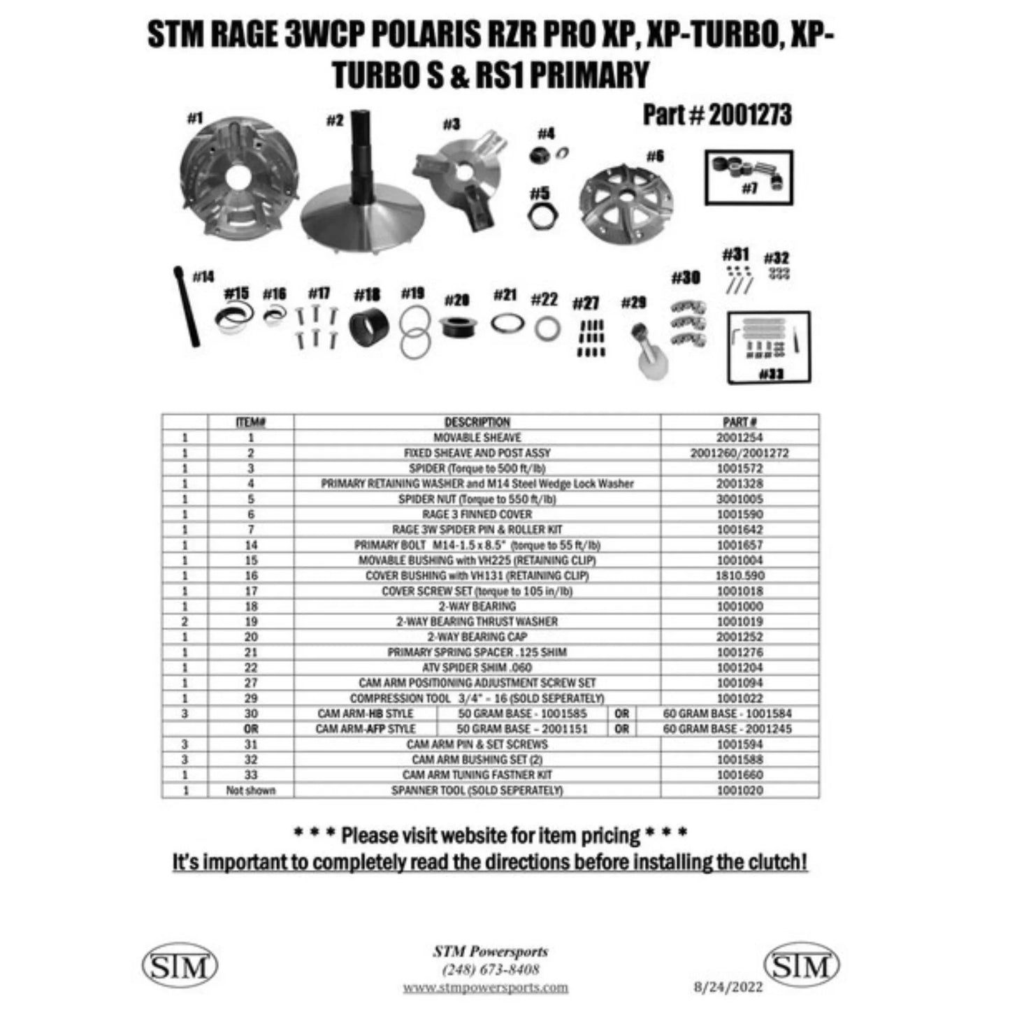 STM Rage 3WCP Polaris Pro XP, XP-Turbo, Turbo R, Turbo S and RS1 Primary Clutch