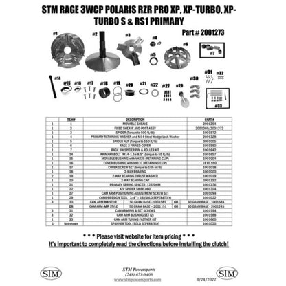 STM Rage 3WCP Polaris Pro XP, XP-Turbo, Turbo R, Turbo S and RS1 Primary Clutch