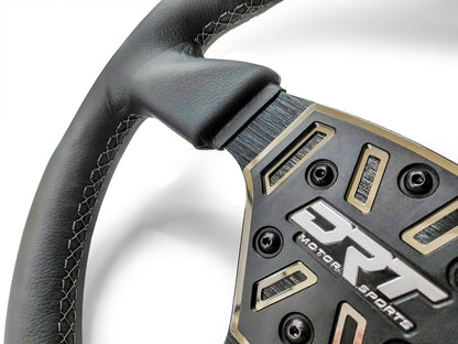 Details of a Round utv steering wheel in leather finish