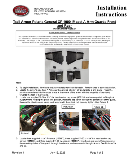 Trail Armor Polaris General XP 1000 and General XP 4 1000 IMpact A-Arm Guards Front and Rear 2020 - 2026