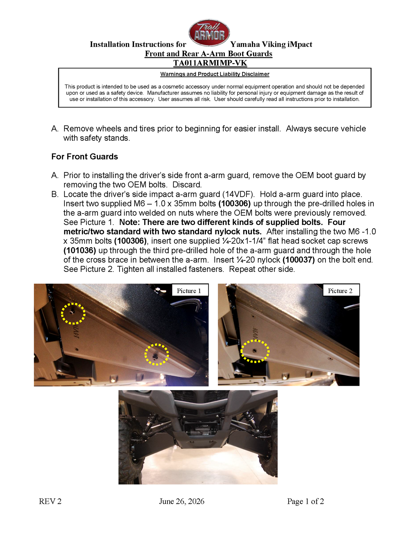Trail Armor Yamaha Viking and Viking VI iMpact A-Arm Front and Rear Guards 2014 - 2024