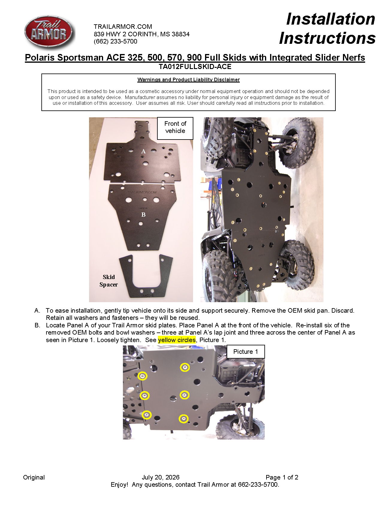 Trail Armor Polaris Sportsman ACE 325, 500, 570, 570 SP, 900 and 900 XC Full Skids