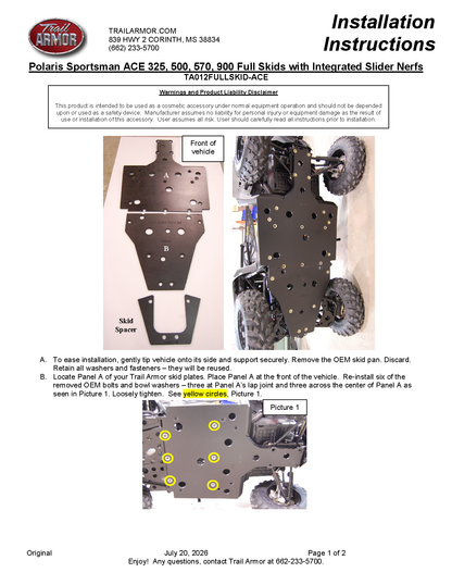 Trail Armor Polaris Sportsman ACE 325, 500, 570, 570 SP, 900 and 900 XC Full Skids