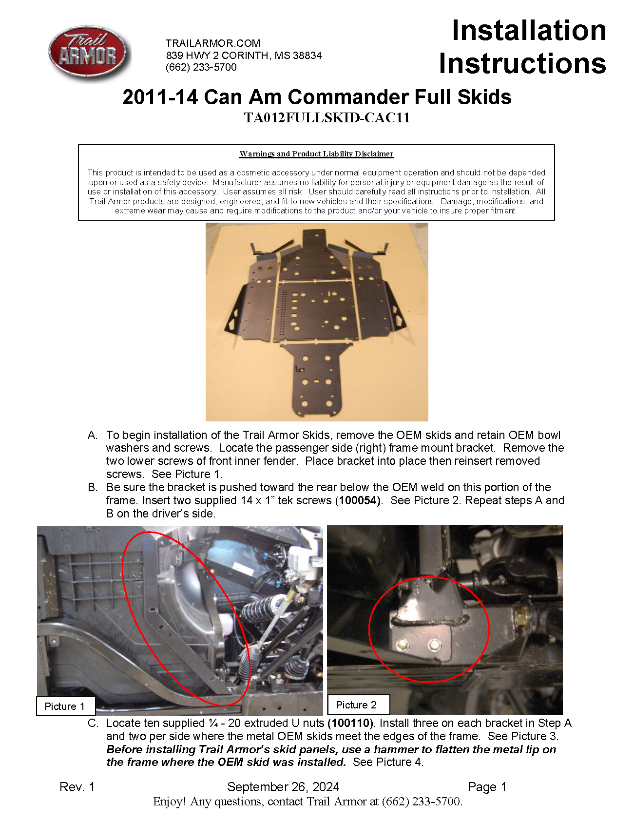 Trail Armor Can Am Commander 800, 800 DPS, 800 XT, 1000, 1000 DPS, 1000 X, 1000 XT, 1000 XT-P, 1000 Limited Full Skids with Integrated Slider Nerfs 2015-2020