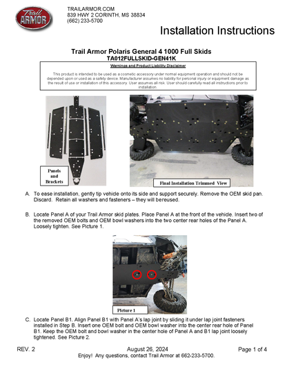 Trail Armor Polaris General 4 1000 and General XP 4 1000 Full Skids (all editions) 2017 - 2025