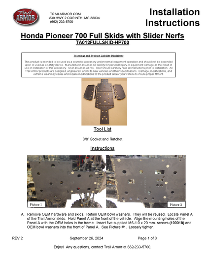 Trail Armor 2014 - 2025 Honda Pioneer 700, 2017 - 2025 Pioneer 700 Deluxe, 2025 Pioneer 700 Forest Full Skids