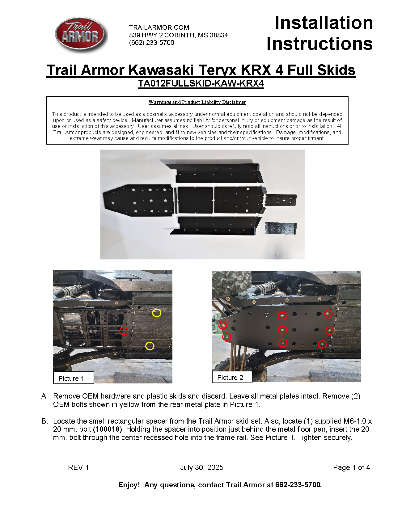 Trail Armor 2023 - 2026 Kawasaki 4 KRX 1000 (all editions) Full Skids with Integrated Side Skid Plates