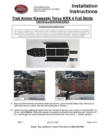 Trail Armor 2023 - 2026 Kawasaki 4 KRX 1000 (all editions) Full Skids with Integrated Side Skid Plates