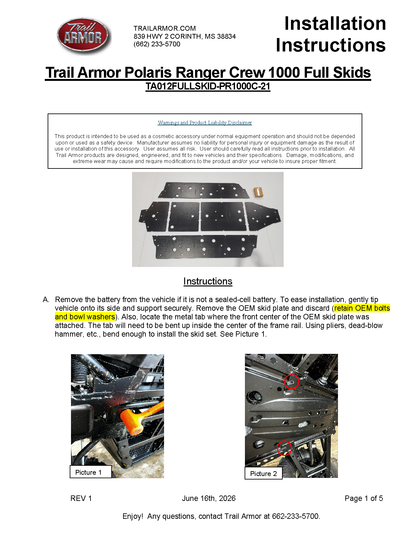 Trail Armor Polaris Ranger 1000 Crew Full Skids 2021 - 2026