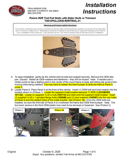 Trail Armor Polaris RZR Trail, Trail S 900 and Trail S 1000 Full Skids with Slider Nerfs or Trimmed for Polaris Kick Out Steel Rock Sliders 2021 - 2026