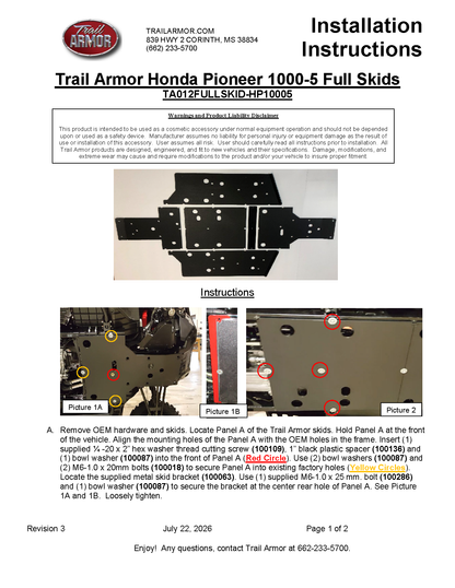 Trail Armor Honda Pioneer 1000 and 1000-5 Full Skids 2016 - 2024