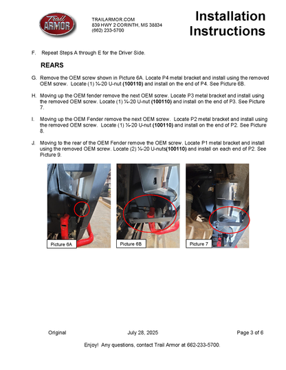 Trail Armor 2024 - 2026 RZR XP 1000 and RZR XP 4 1000 (Sport, Premium, Ultimate) Mud Flap Fender Extensions