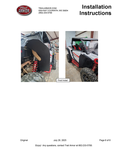 Trail Armor 2024 - 2026 RZR XP 1000 and RZR XP 4 1000 (Sport, Premium, Ultimate) Mud Flap Fender Extensions