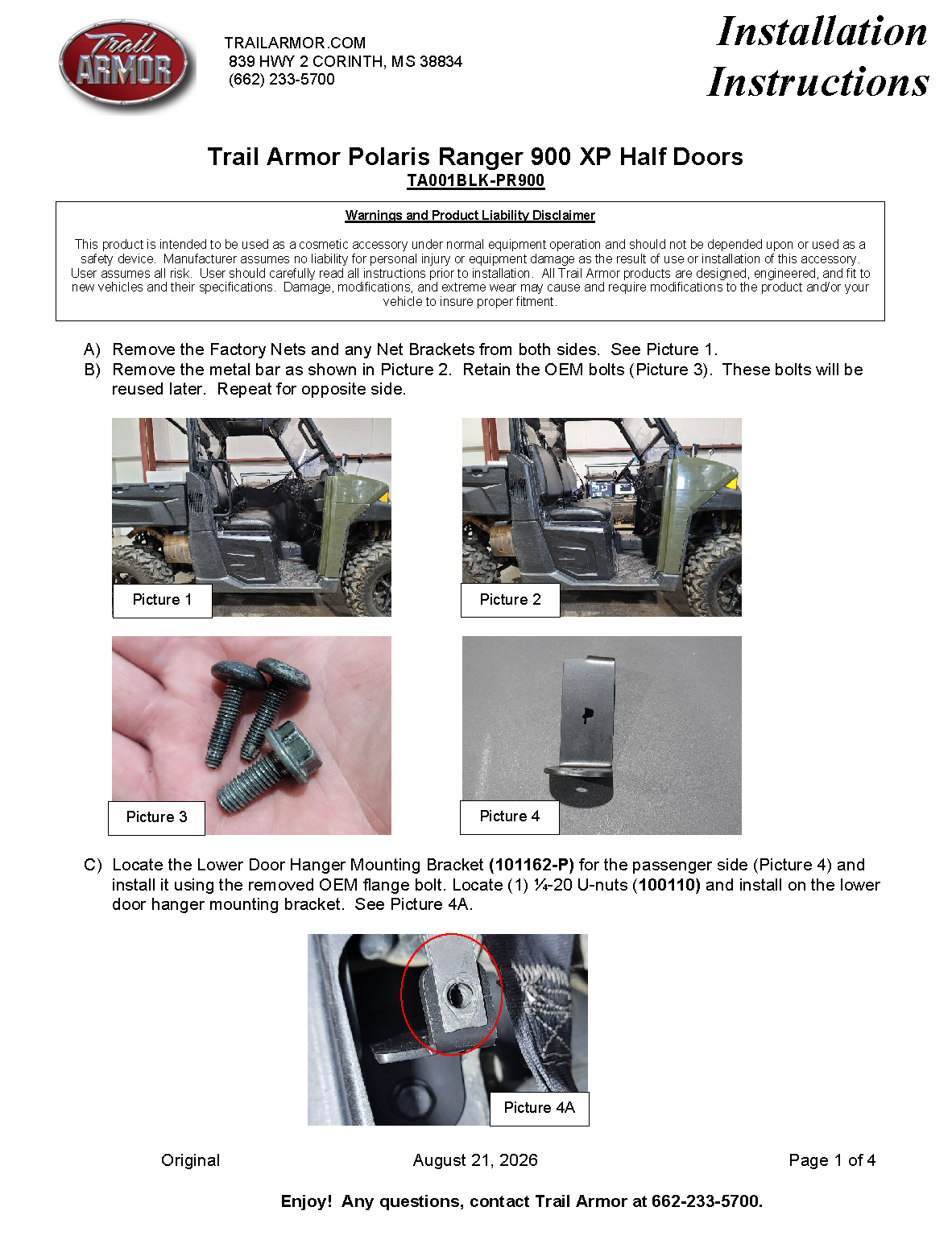 Trail Armor Ranger XP 900, Ranger XP 900 EPS, Ranger XP 1000, Ranger XP 1000 EPS, Range XP 900 Premium Half Doors 2014 - 2019