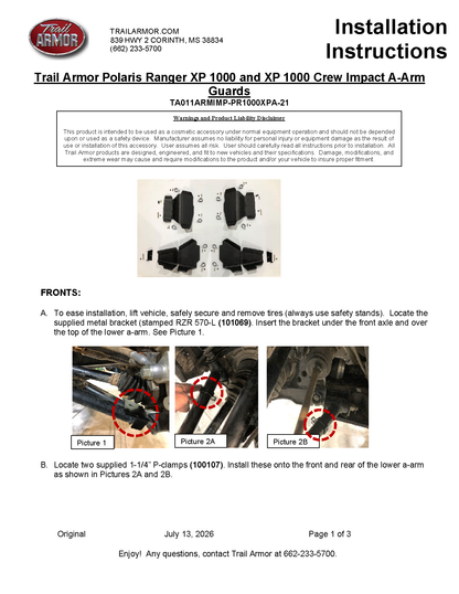 Trail Armor 2021 - 2026 Polaris Ranger XP 1000 and Ranger XP 1000 Crew FACTORY ARCHED A-arm Guards